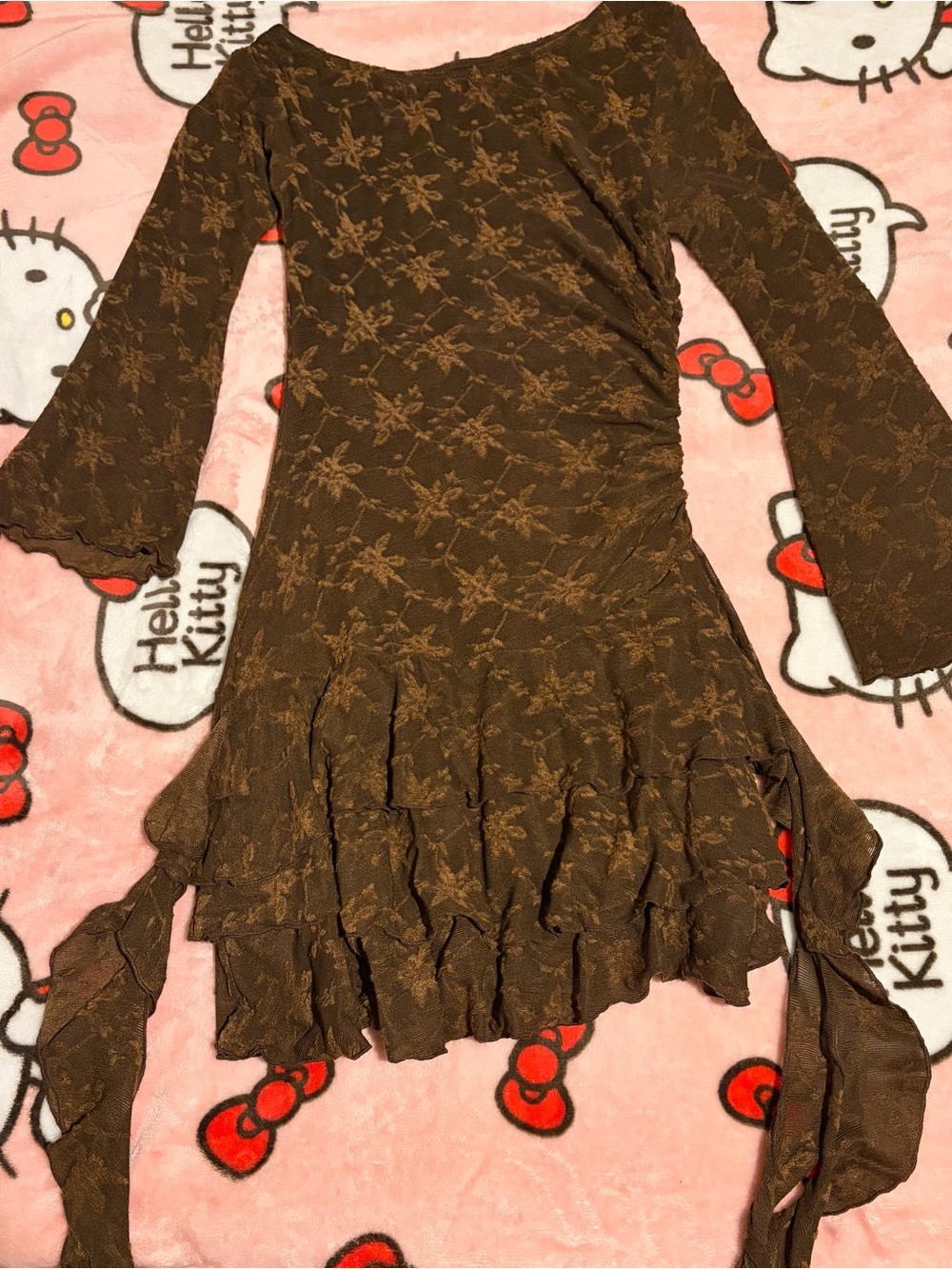 SHEIN Brown Floral Ruffle-Hem Long Sleeve Dress